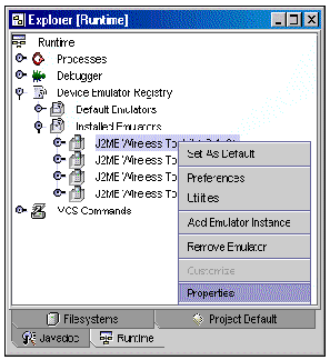 Screenshot of Explorer window Runtime pane showing expanded Installed Emulators node. Topmost emulator selected and its contextual menu displayed.