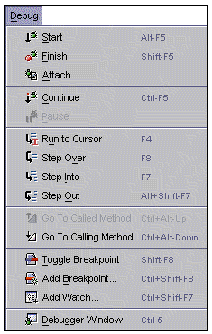 Screenshot showing the debug menu options at a breakpoint.