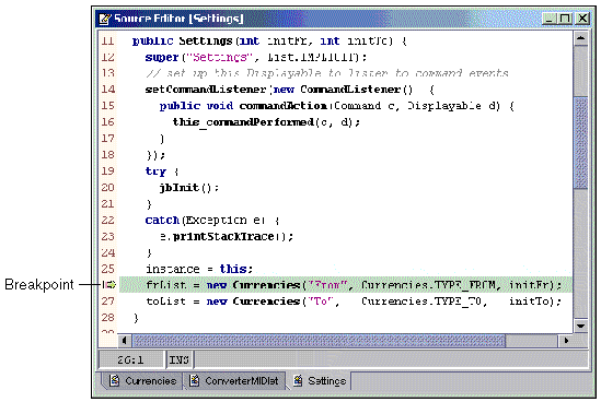 Screenshot showing the source code for the program. The callout indicates the breakpoint.