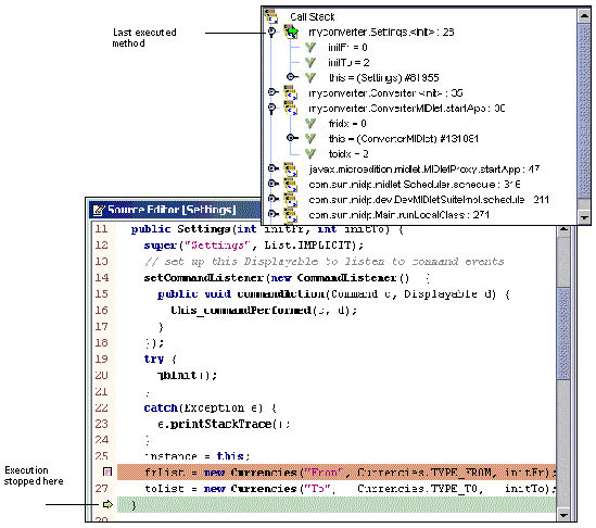 Screenshots showing the call stack and source code. Callouts show the last method executed and where execution stopped in the source code.