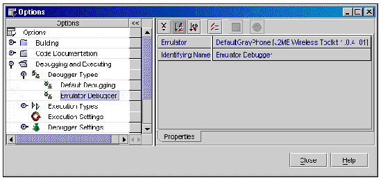 Screenshot of the Options window used to set the debugging environment to emulator debugger.