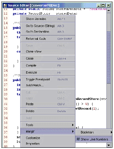 Screenshot showing the Source Editor's Margin option set to display source code line numbers.