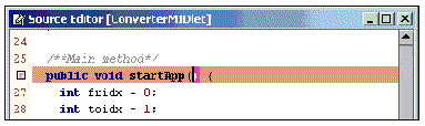 Screenshot showing the startApp method highlighted and a breakpoint icon in the left margin.