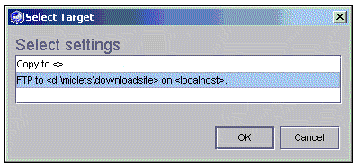 Screenshot showing the target settings for the FTP copy executor. Buttons are OK and Cancel.