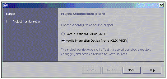 Screenshot showing the project configuration wizard. Buttons are Finish and Help.