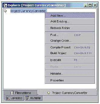 Screenshot showing the Explorer window's Project tab with Add New selected.