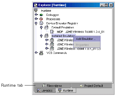 Screenshot showing the Add Emulator option. The callout indicates the Runtime tab.