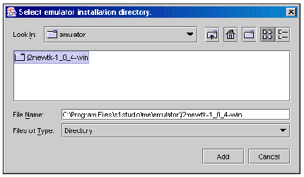 Screenshot showing the Select emulator installation directory dialog box. The buttons are Add and Cancel.
