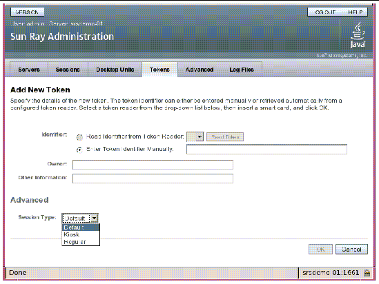 Specify new token details and session type (default, Kiosk, regular)