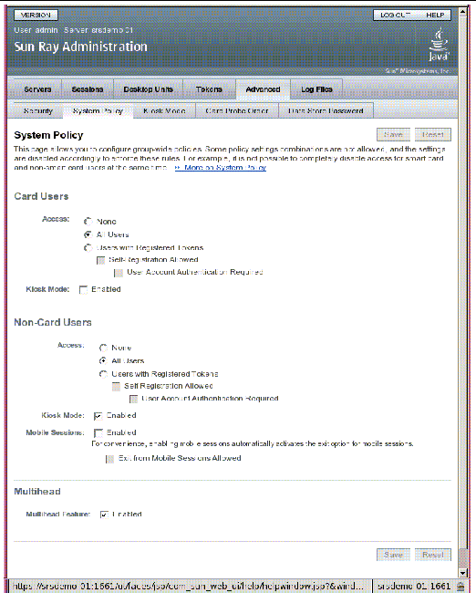 Card user and multihead policy settings