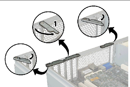 Opening a PCI card latch on the server back panel.