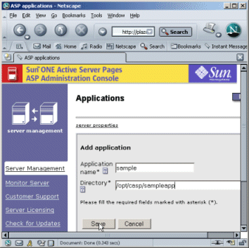 Figure showing the Add Application page in the Sun ONE Active Server Pages server interface.