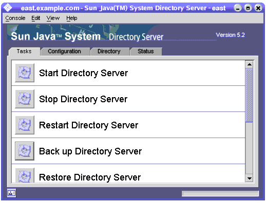 Top-level Tasks tab of the Directory Server console containing buttons to start, restart, and stop the directory server, and others