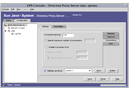Directory Proxy Server Console Configuration Connections tab.