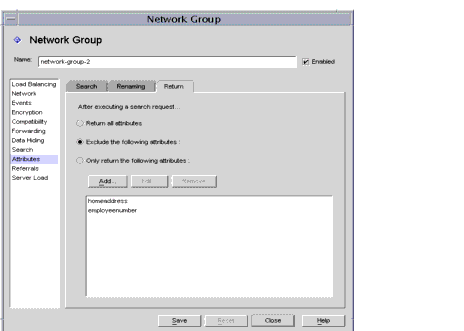 Directory Proxy Server  Configuration Editor Network Groups Attributes/Return window.