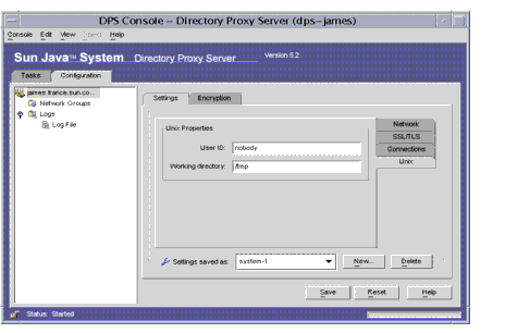 Directory Proxy Server Console Configuration UNIX tab.