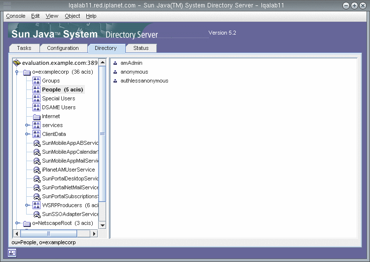Screen capture; Directory Server window. People container is
selected and the three users described in text are displayed.