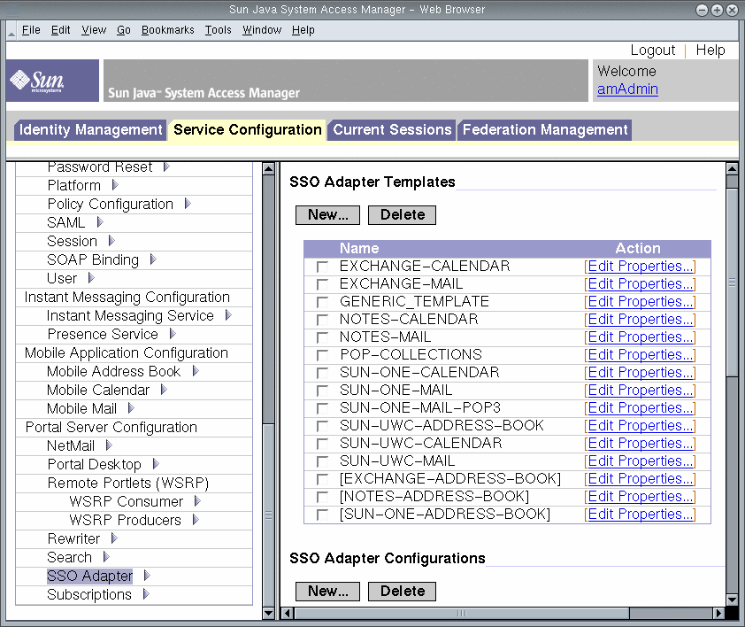 Screen capture; In left pane, SSO Adapter is selected. In right
pane, list of SSO Adapters is displayed, as described in text.