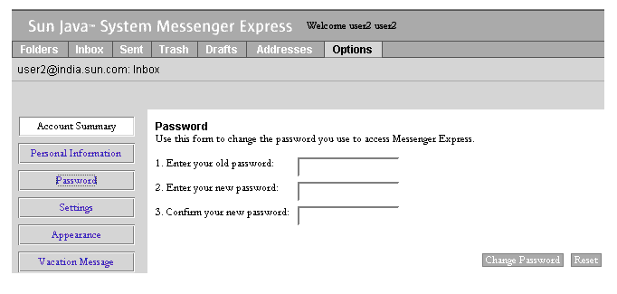 The Messenger Express Options screen enables access to the subscriber’s account  summary, personal information, password, settings, appearance, vacation message, and mail filters, all of which can be customized.