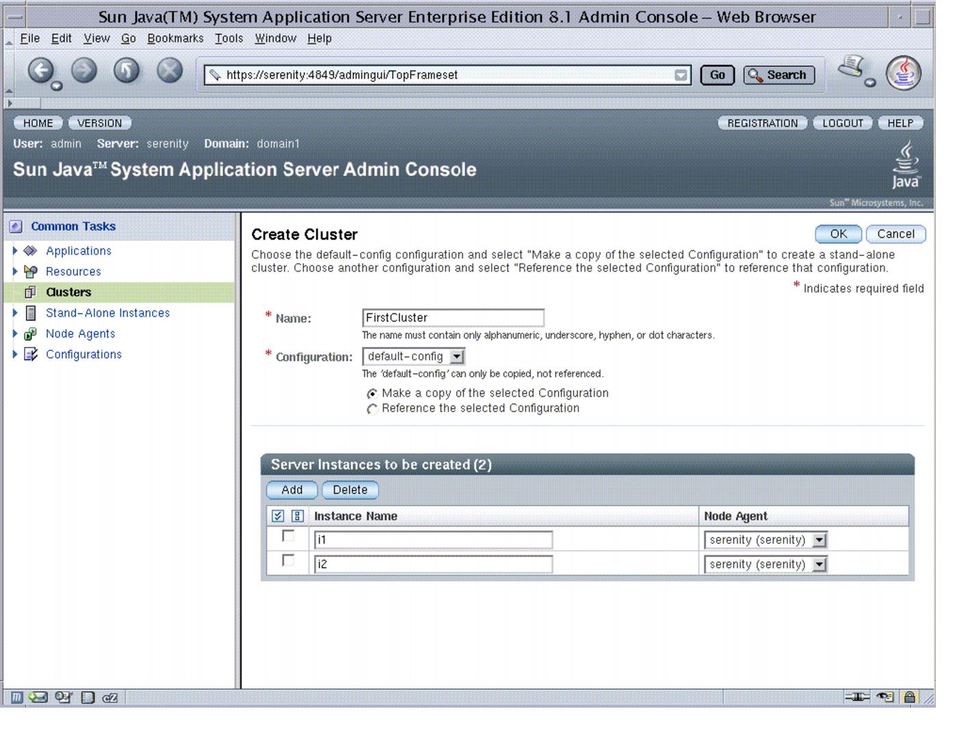 Create Cluster page showing cluster name, configuration, and server instances to be created. 
