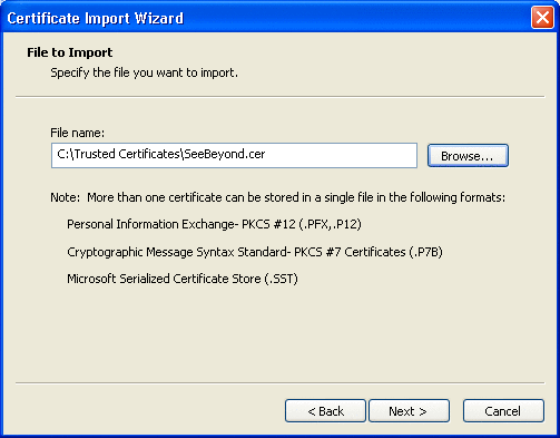 File to Import window, certificate file to open