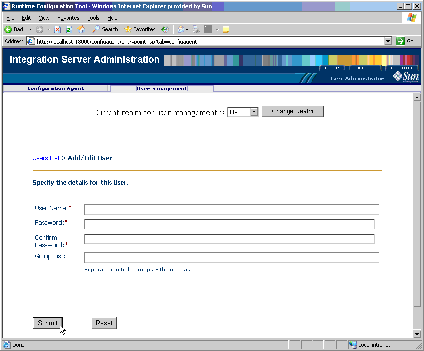 Screen capture of Integration Server Administration, User Management tab