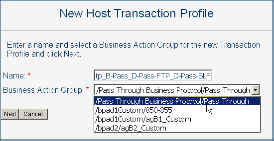 New Transaction Profile - Name and Business Action
Group