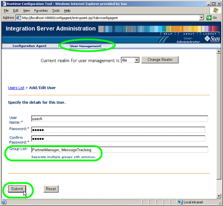 Specifying PartnerManager and MessageTracking
Privileges