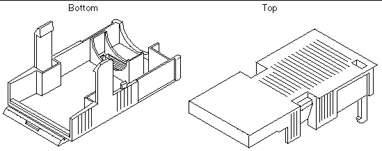 Graphic shows views of the rectangular strain relief housing from the bottom and top, with ridged lines on the top.