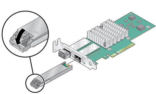 Illustration of inserting an optical transceiver into a slot on the Low Profile Adapter.