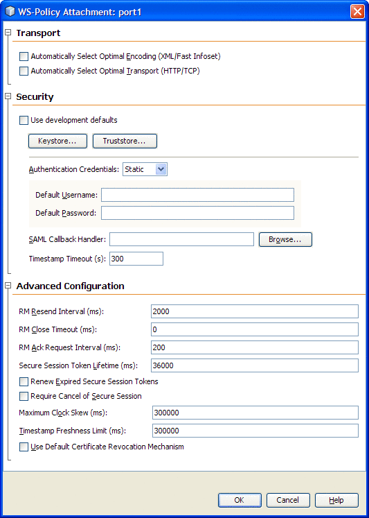 図は、本文中で説明されているとおり、「サーバー設定」の WS Policy Attachment エディタを示しています。