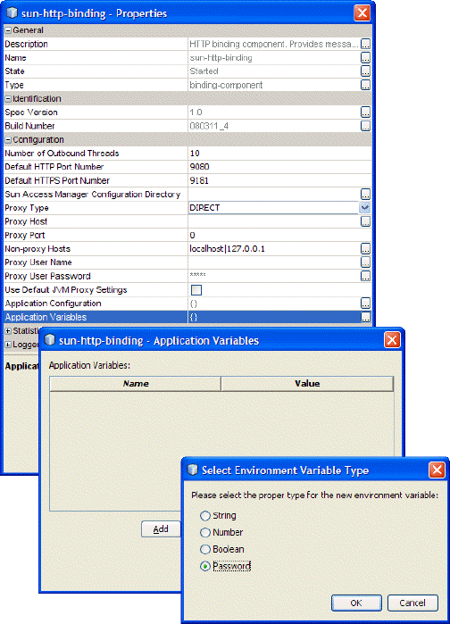 図は、HTTP バインディングコンポーネントの実行時プロパティーエディタと、アプリケーション変数のタイプを設定するためのダイアログボックスを示しています。