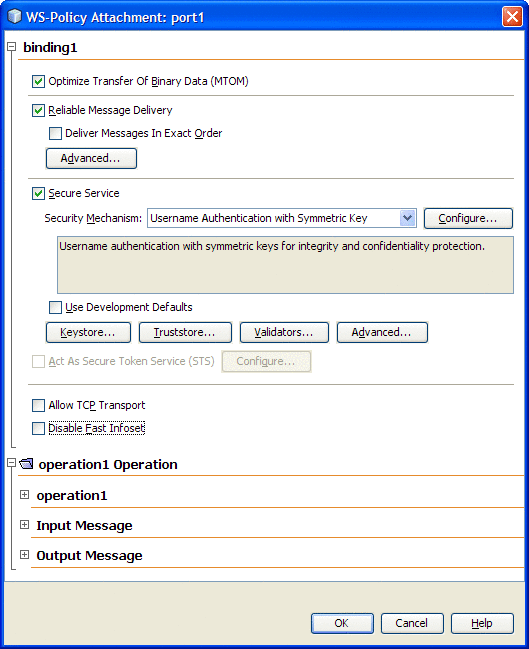 図は、本文中で説明されているとおり、「サーバー設定」の WS Policy Attachment エディタを示しています。