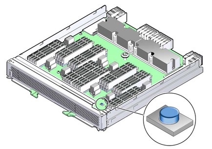 image:Graphic showing the location of the DIMM Fault Remind button on the motherboard.