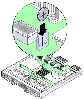 image:Graphic showing how to install the system battery.