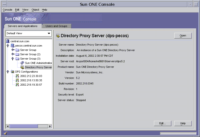 Sun ONE Console ��ʾ���� Directory Proxy Server ���ڵ����п��÷�������Ӧ�á�
