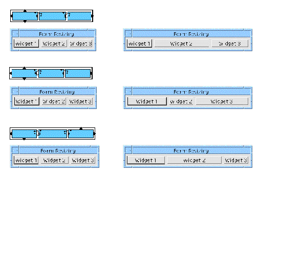 Layout Editor and dynamic display views showing three PushButtons with different combinations of offset and position attachments.