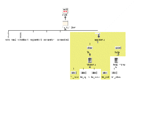 Example design hierarchy showing the PushButtons in the "filemenu" Menu in the following order: "fm_new", "fm_open", "fm_save" and "fm_exit".