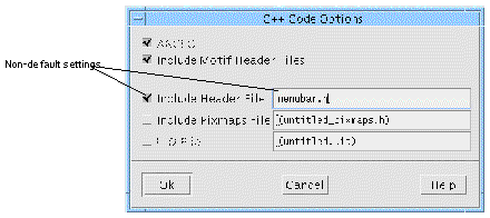 Code Options dialog with example values entered. A callout identifies the non-default settings.
