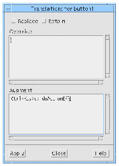 The Translations dialog with example value entered in the Augment field. The value reads: "Ctrl<Key>e: doActionE()".
