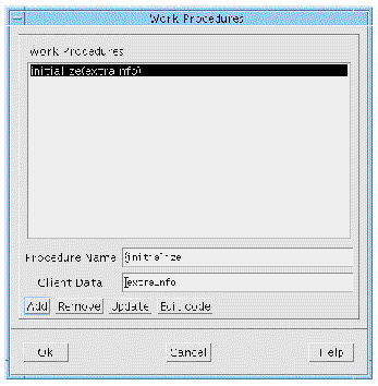 The Work Procedures dialog with "initialize" entered in the "Procedure Name" field and "extraInfo" entered in the "Client Data" field.
