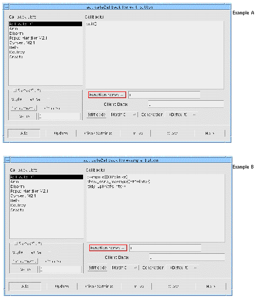 Screenshots of the Callbacks dialog showing different callback routine entries.