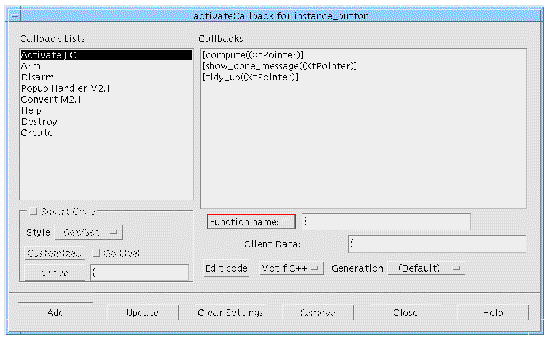 Callbacks dialog with "Activate" callback list selected and a list of inherited routines displayed. Each routine is enclosed within square brackets.