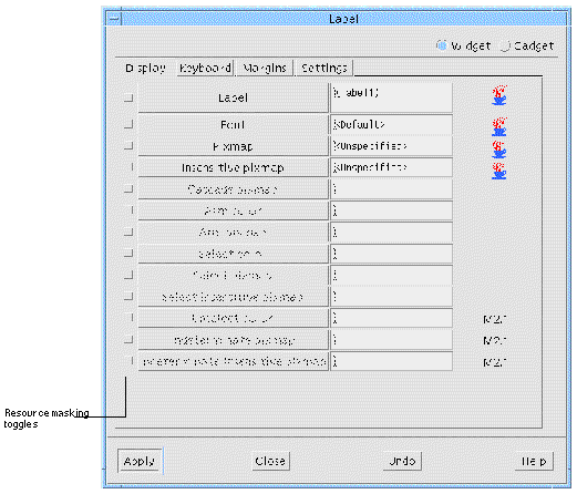 Display page of the Label resource panel. A callout identifies the resource masking toggles.