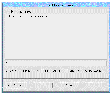 Method Declarations dialog showing the Microsoft Windows MFC Toggle Button.