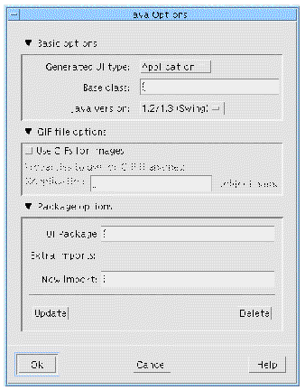 The Java Generation Options dialog with default values.