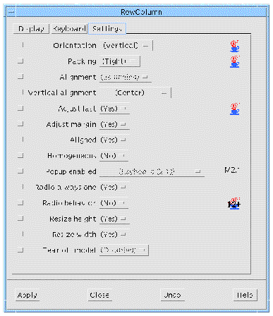 The Settings page of the RowColumn resource panel with default values.