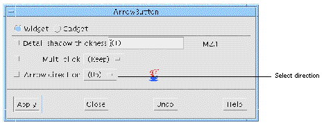 ArrowButton resource panel with a callout identifying the arrow direction option menu.
