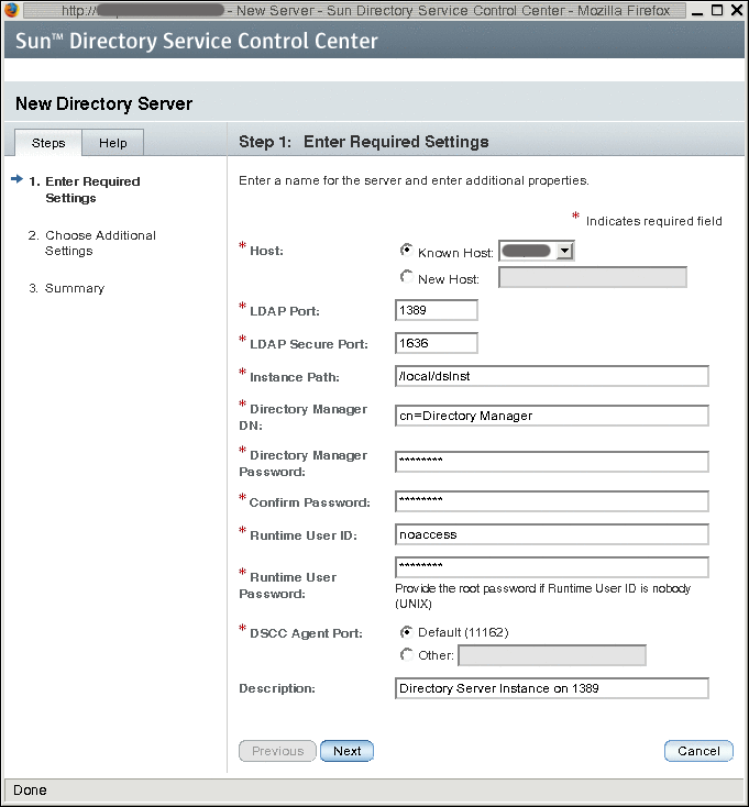 Web-based wizard for creating a Directory Server instance