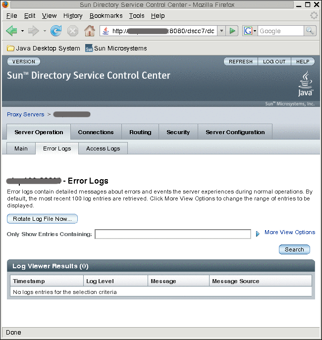 Screen capture shows the error log for Directory Proxy
Server. The error log entries are listed in a table.